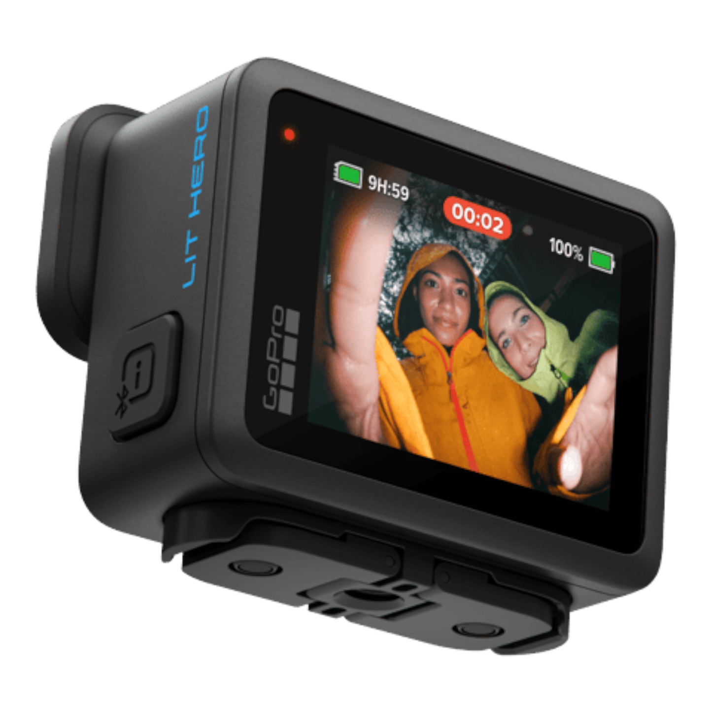 alAsil GoPro LIT HERO action camera showing a rear touchscreen display with two people in yellow rain jackets