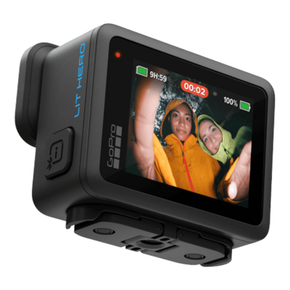 alAsil GoPro LIT HERO action camera showing a rear touchscreen display with two people in yellow rain jackets