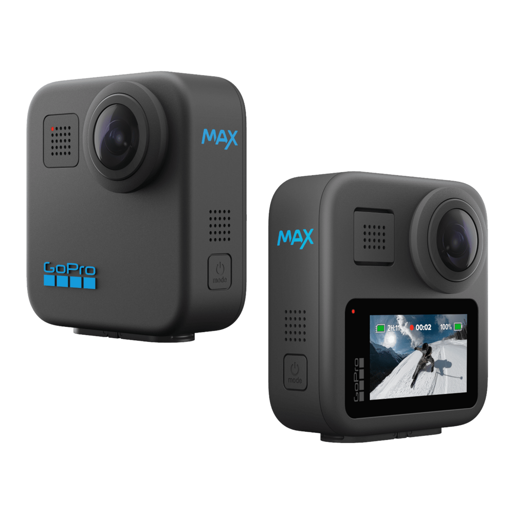 alAsil GoPro MAX 360 action camera showing front and back views with touch screen and dual lenses