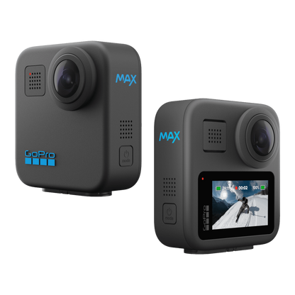 alAsil GoPro MAX 360 action camera showing front and back views with touch screen and dual lenses