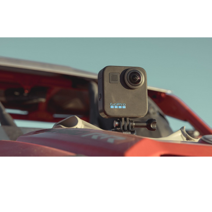 alAsil GoPro MAX 360 action camera mounted on a red vehicle, featuring dual lenses for immersive 360-degree video.