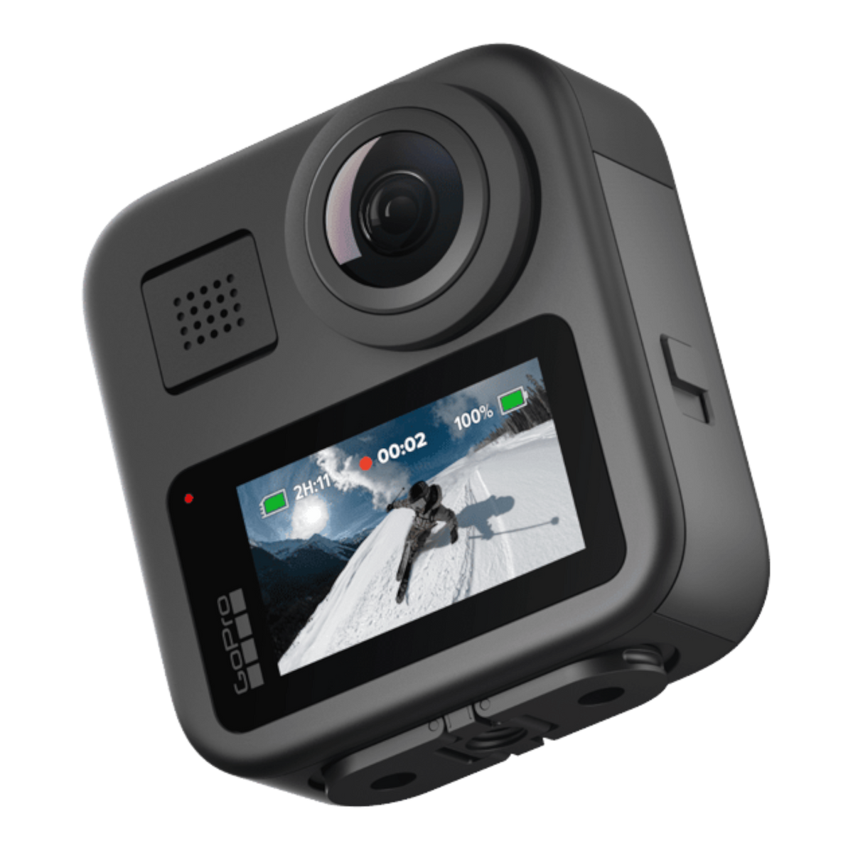 alAsil GoPro MAX 360 action camera with a front-facing touchscreen display showing a skier in a snowy mountain landscape