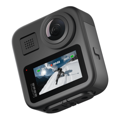 alAsil GoPro MAX 360 action camera with a front-facing touchscreen display showing a skier in a snowy mountain landscape