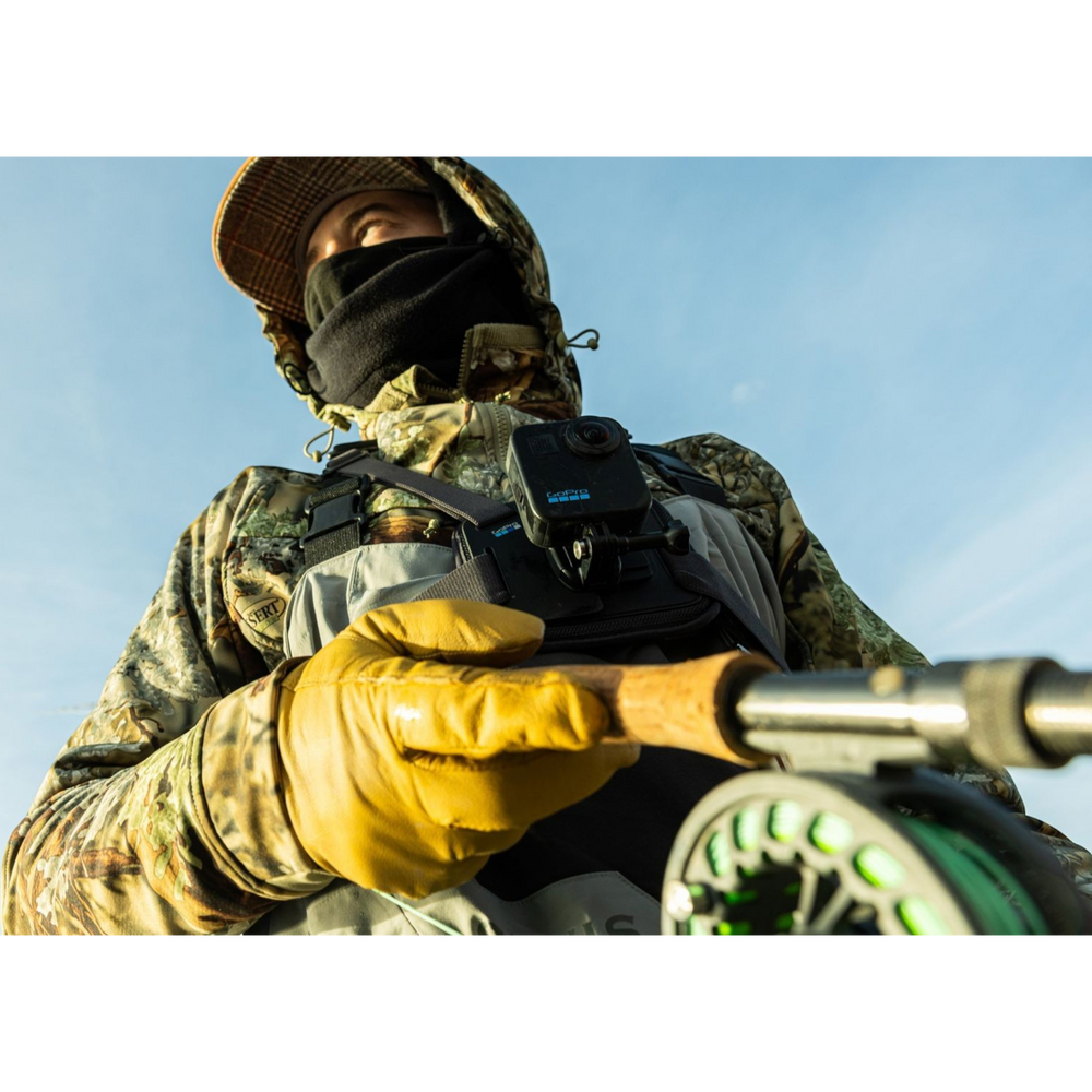 alAsil GoPro MAX 360 camera mounted on a fisherman's chest harness for action footage while fly fishing outdoors