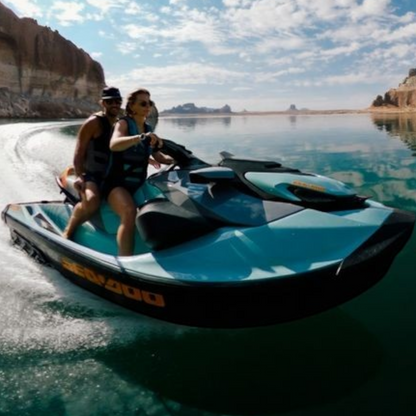 alAsil GoPro MAX2 360 camera mounted on a jet ski capturing action footage on a lake