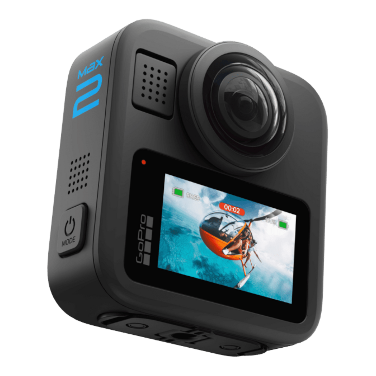 alAsil GoPro MAX2 360 camera in black with a front touchscreen display showing a helicopter view