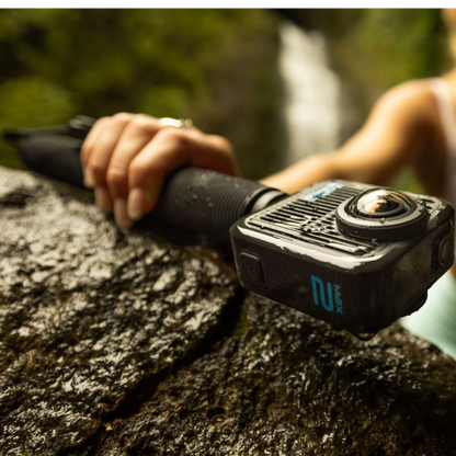 alAsil GoPro MAX2 360 camera mounted on a grip held over a wet rock near a waterfall for action photography