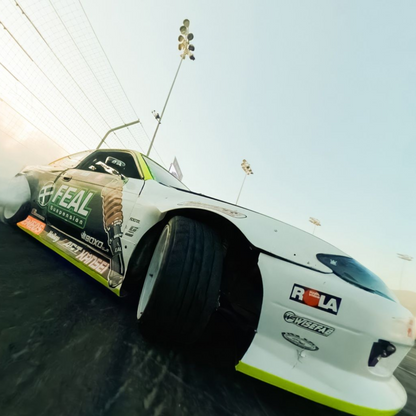 alAsil GoPro MAX2 360 camera capturing a white drift car in action on a race track with motion blur