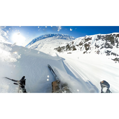 alAsil GoPro MAX2 360 camera POV shot of a skier carving through deep powder on a sunny mountain slope