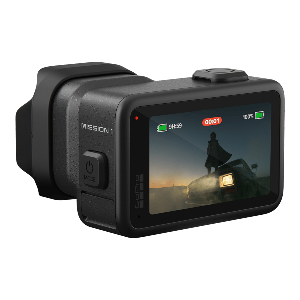 alAsil GoPro MISSION 1 cinema camera with rear touchscreen display showing a cinematic scene and battery status