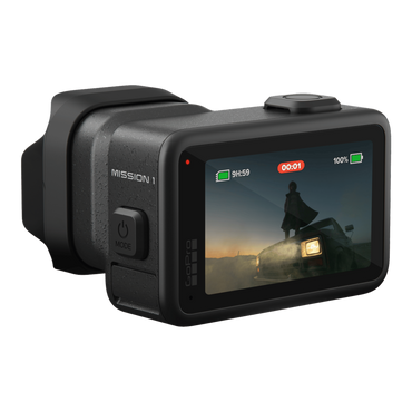 alAsil GoPro MISSION 1 cinema camera with rear touchscreen display showing a cinematic scene and battery status