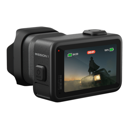 alAsil GoPro MISSION 1 cinema camera with rear touchscreen display showing a cinematic scene and battery status