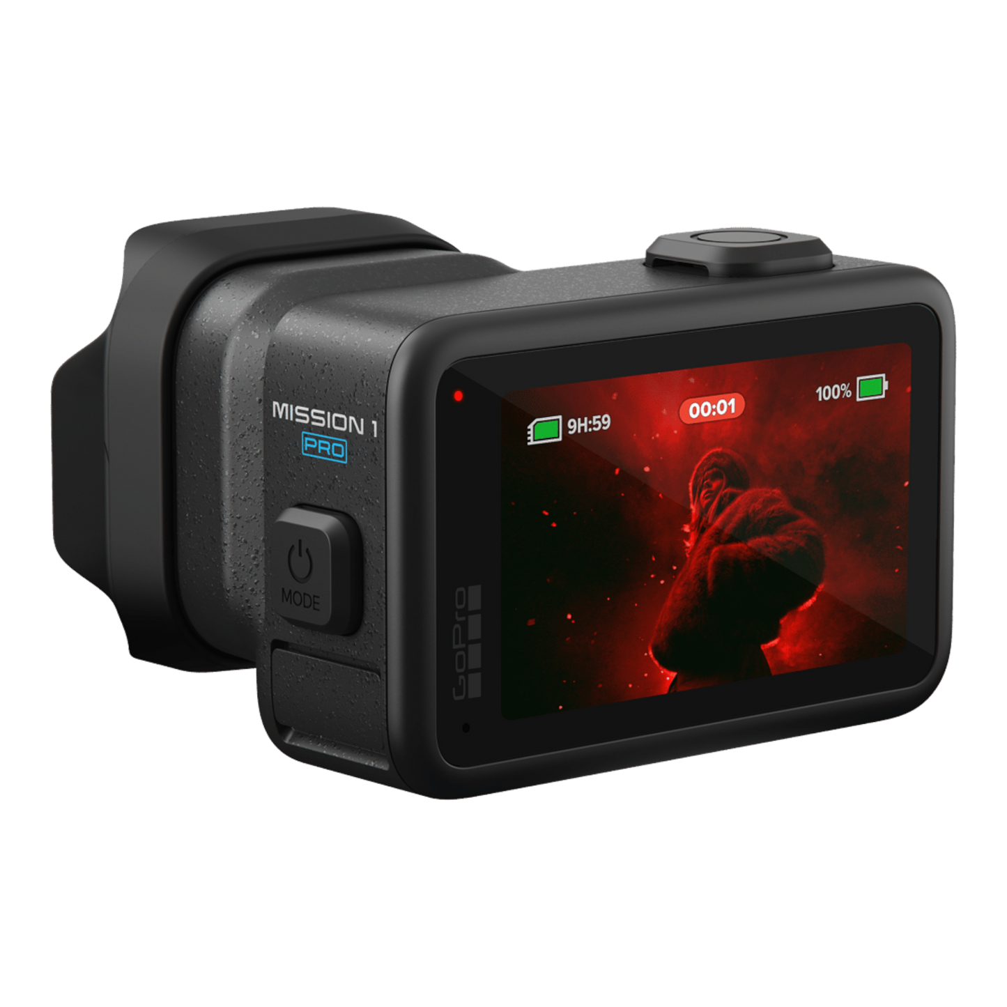 alAsil GoPro MISSION 1 PRO cinema camera with rear touchscreen display showing a red cinematic video feed