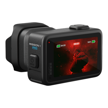 alAsil GoPro MISSION 1 PRO cinema camera with rear touchscreen display showing a red cinematic video feed