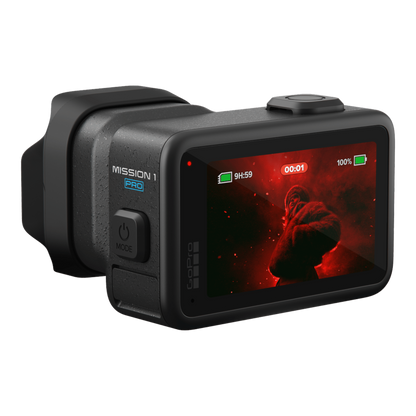 alAsil GoPro MISSION 1 PRO cinema camera with rear touchscreen display showing a red cinematic video feed