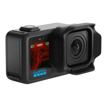 alAsil GoPro MISSION 1 PRO cinema camera in black with front display and lens hood for high-resolution video capture