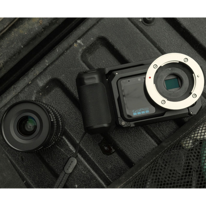 alAsil GoPro MISSION 1 PRO ILS cinema camera with Micro Four Thirds mount and detached lens on a textured surface