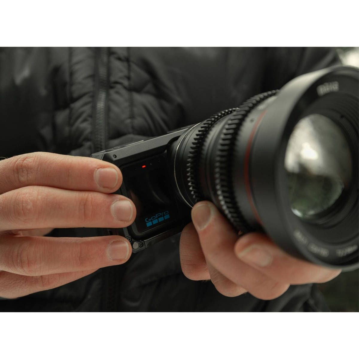 alAsil GoPro MISSION 1 PRO ILS cinema camera with Micro Four Thirds lens mount held in hands