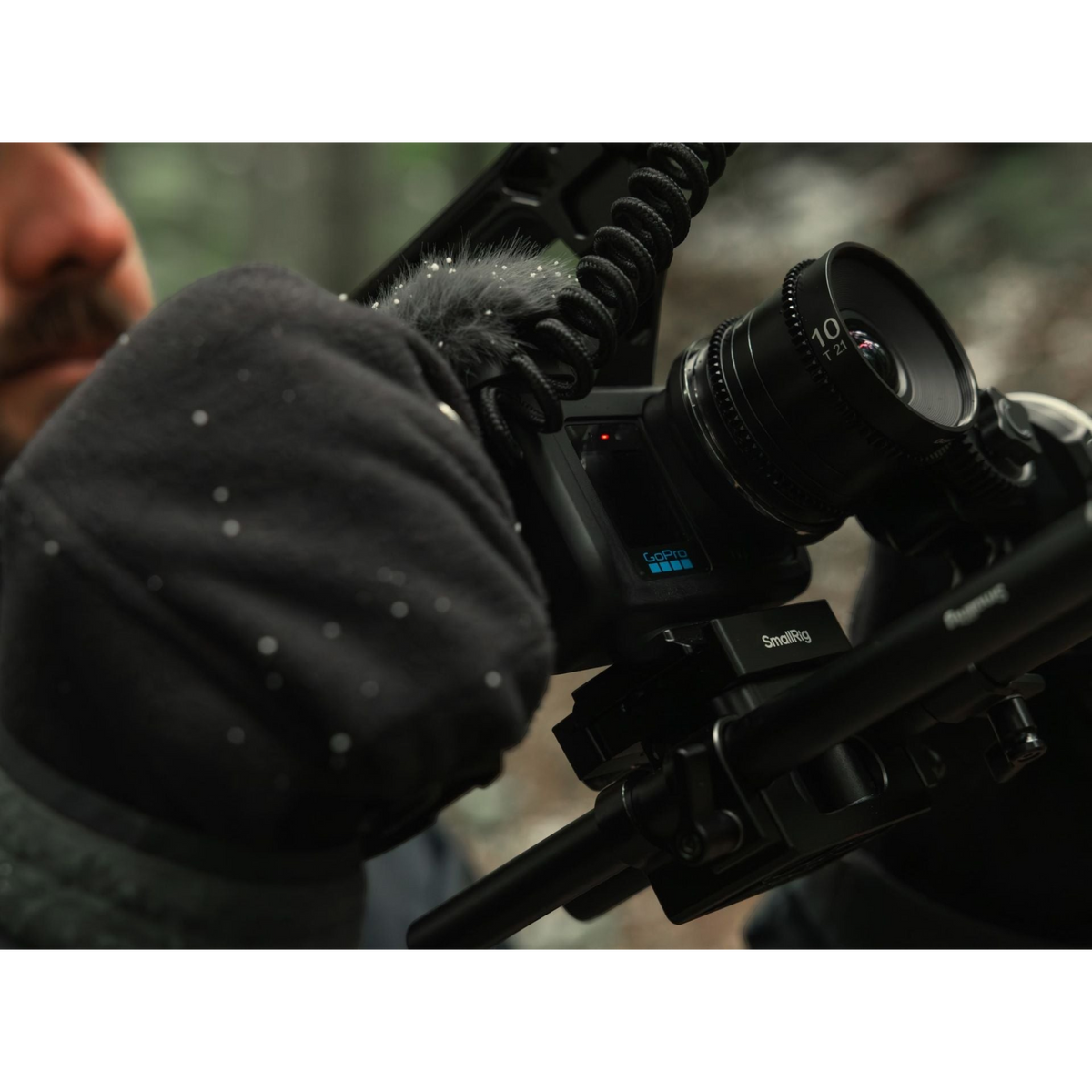 alAsil GoPro MISSION 1 PRO ILS cinema camera with Micro Four Thirds lens mounted on a rig in a forest setting