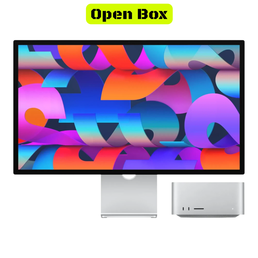 alAsil open box Apple Mac Studio 2023 with M2 Ultra chip, 64GB RAM, and 1TB SSD paired with a high-resolution display.