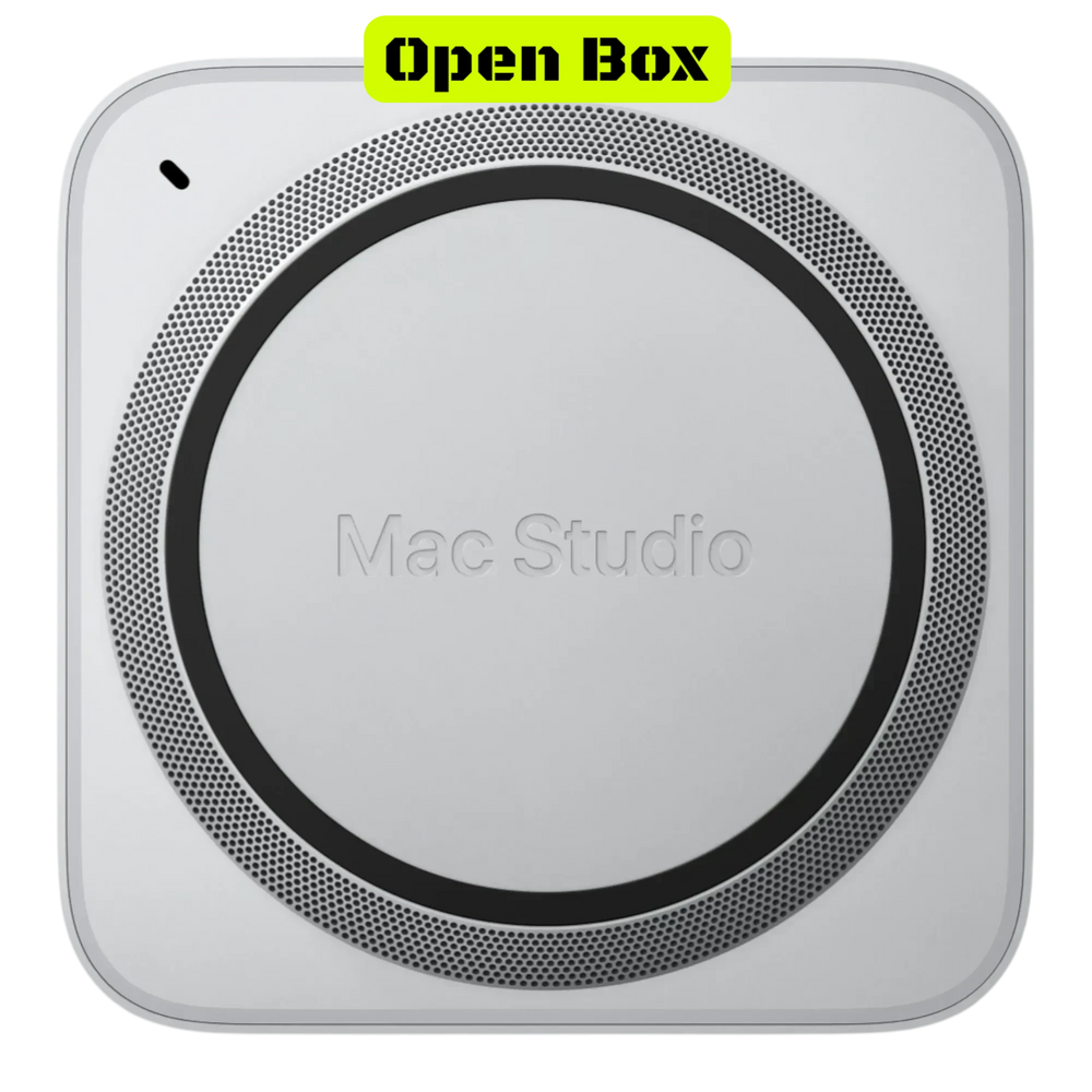alAsil open box Apple Mac Studio 2023 with M2 Ultra chip, featuring a sleek silver square desktop design.