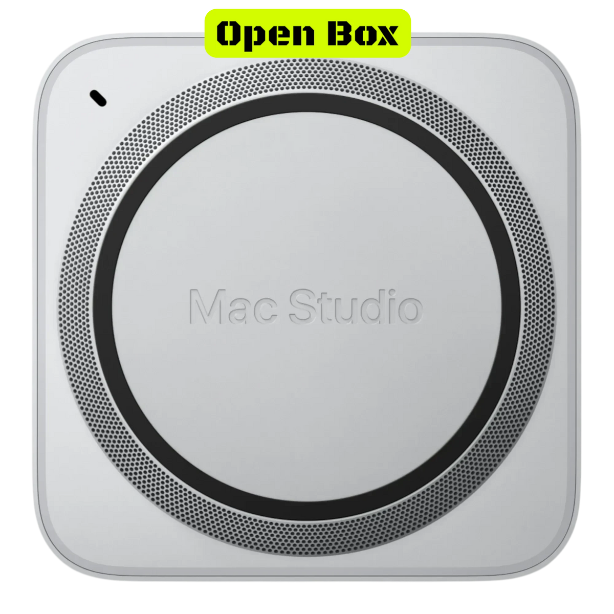 alAsil open box Apple Mac Studio 2023 with M2 Ultra chip, featuring a sleek silver square desktop design.