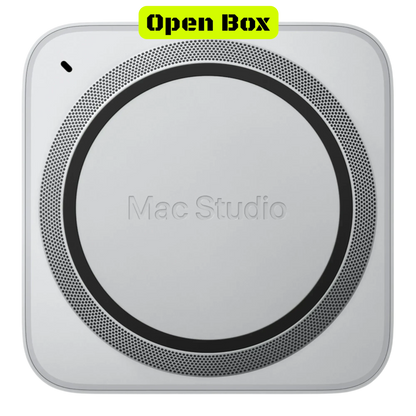 alAsil open box Apple Mac Studio 2023 with M2 Ultra chip, featuring a sleek silver square desktop design.