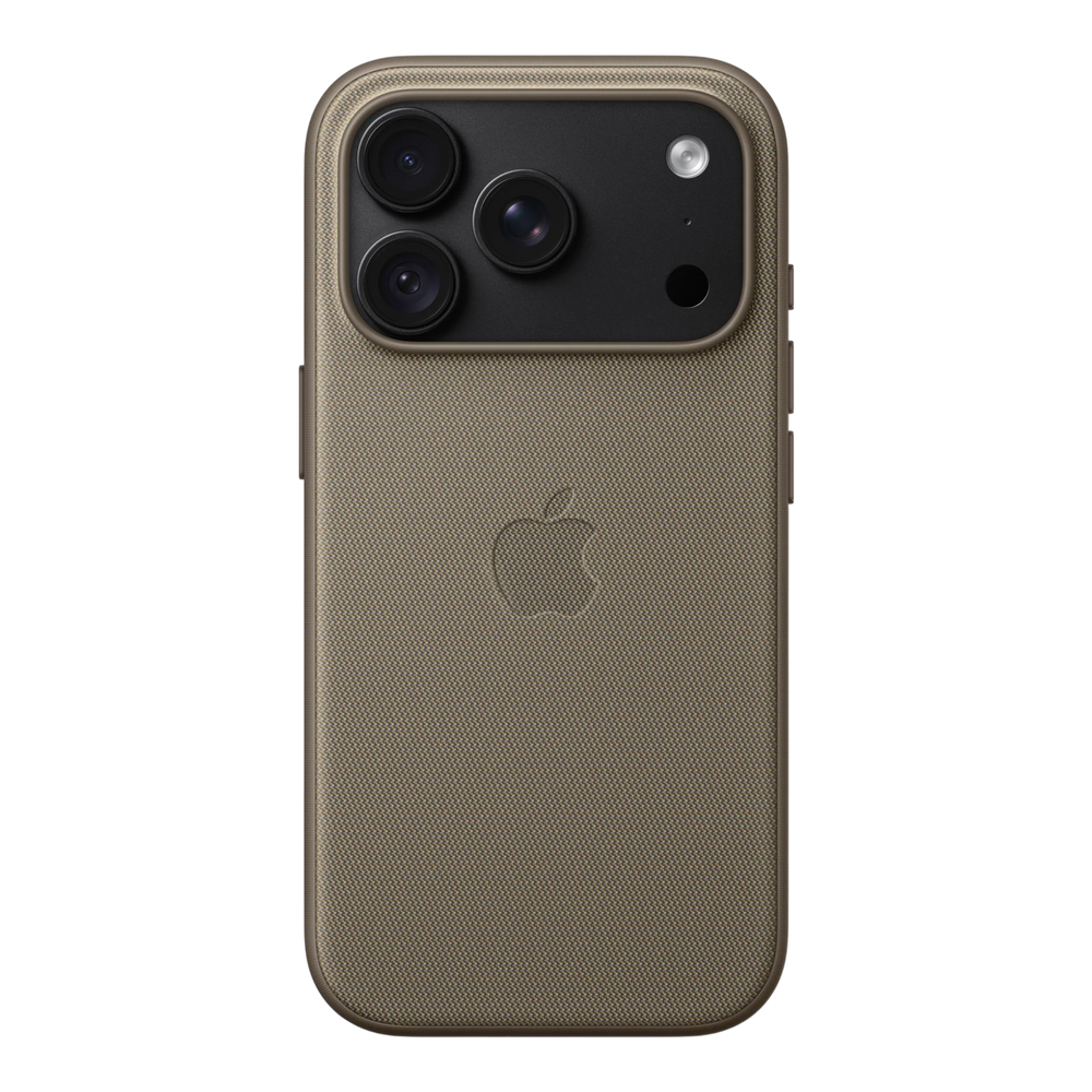 iPhone 18 Pro TechWoven Case with MagSafe – Taupe, back view on iPhone 18 Pro in black