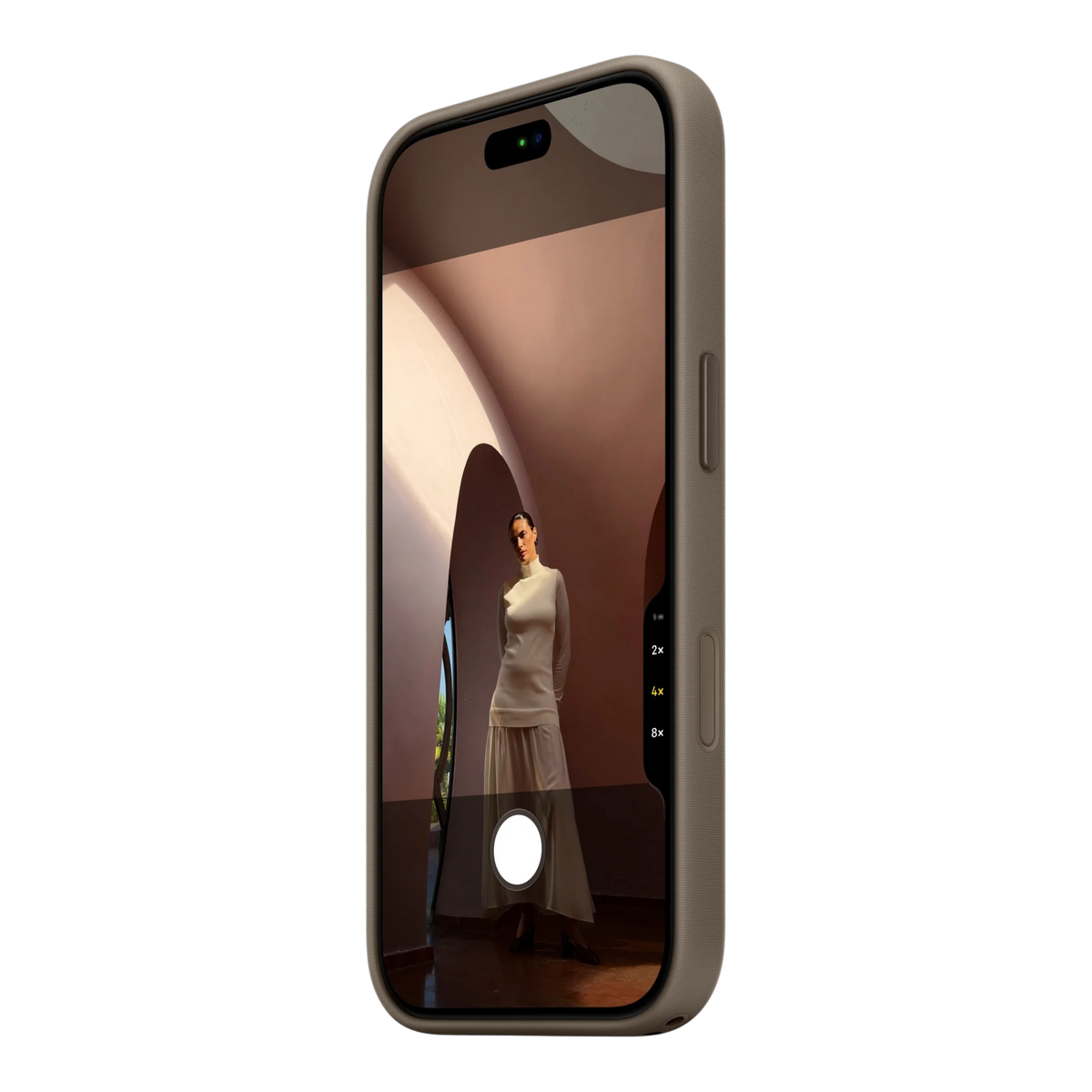 iPhone 18 Pro TechWoven Case with MagSafe – Taupe, side view on iPhone 18 Pro