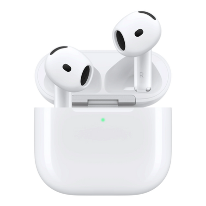 Apple AirPods 5 white earbuds and open charging case, official front composition | alAsil