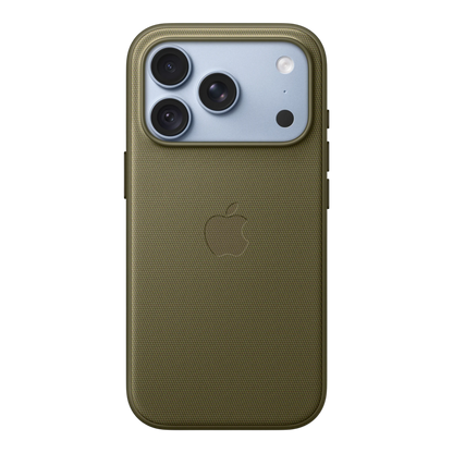 iPhone 18 Pro TechWoven Case with MagSafe – Olive, back view on iPhone 18 Pro in glacier