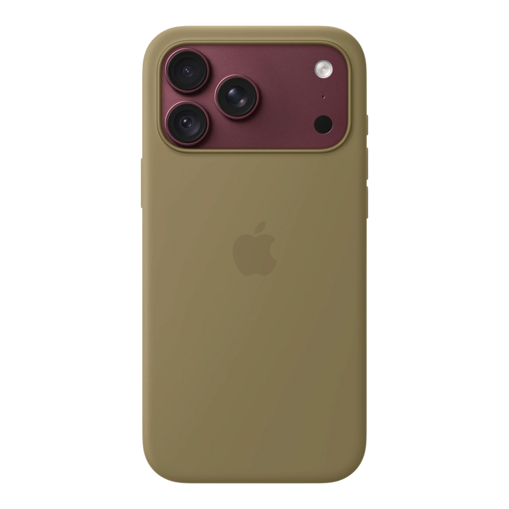 iPhone 18 Pro Max Silicone Case with MagSafe - Olive, back view on iPhone 18 Pro Max in burgundy