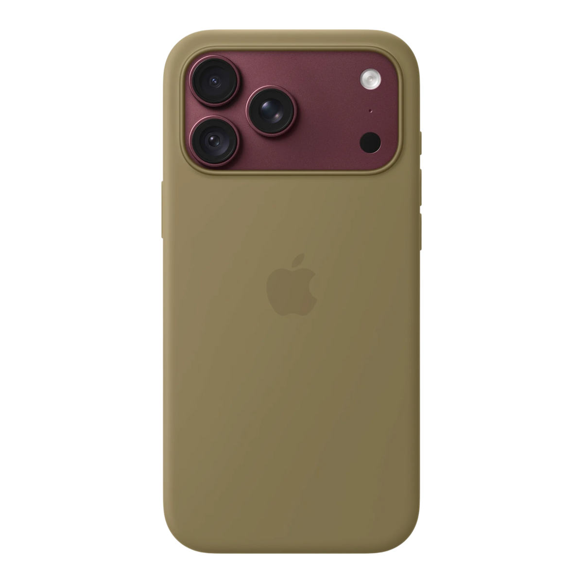 iPhone 18 Pro Max Silicone Case with MagSafe - Olive, back view on iPhone 18 Pro Max in burgundy