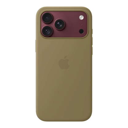 iPhone 18 Pro Max Silicone Case with MagSafe - Olive, back view on iPhone 18 Pro Max in burgundy