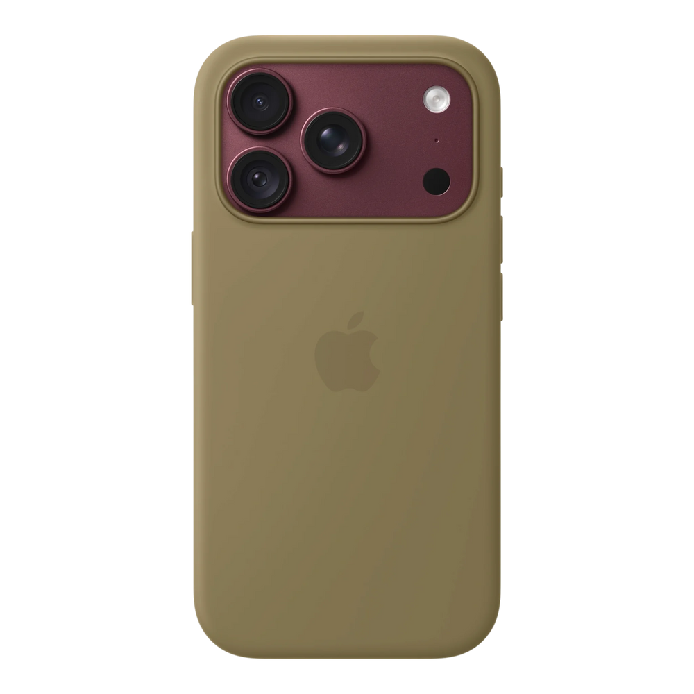 iPhone 18 Pro Silicone Case with MagSafe - Olive, back view on iPhone 18 Pro in burgundy