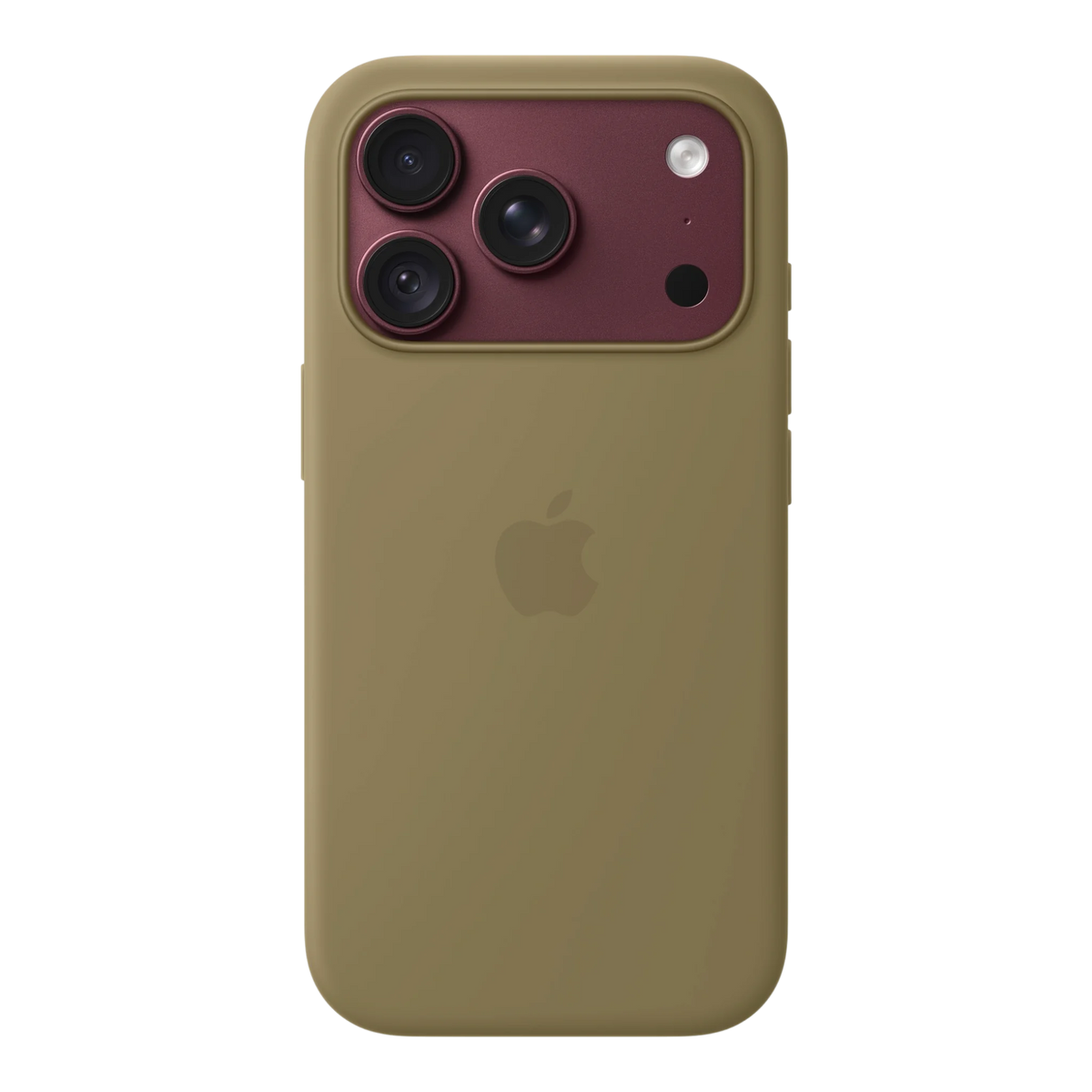 iPhone 18 Pro Silicone Case with MagSafe - Olive, back view on iPhone 18 Pro in burgundy