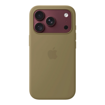 iPhone 18 Pro Silicone Case with MagSafe - Olive, back view on iPhone 18 Pro in burgundy