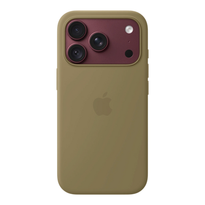 iPhone 18 Pro Silicone Case with MagSafe - Olive, back view on iPhone 18 Pro in burgundy