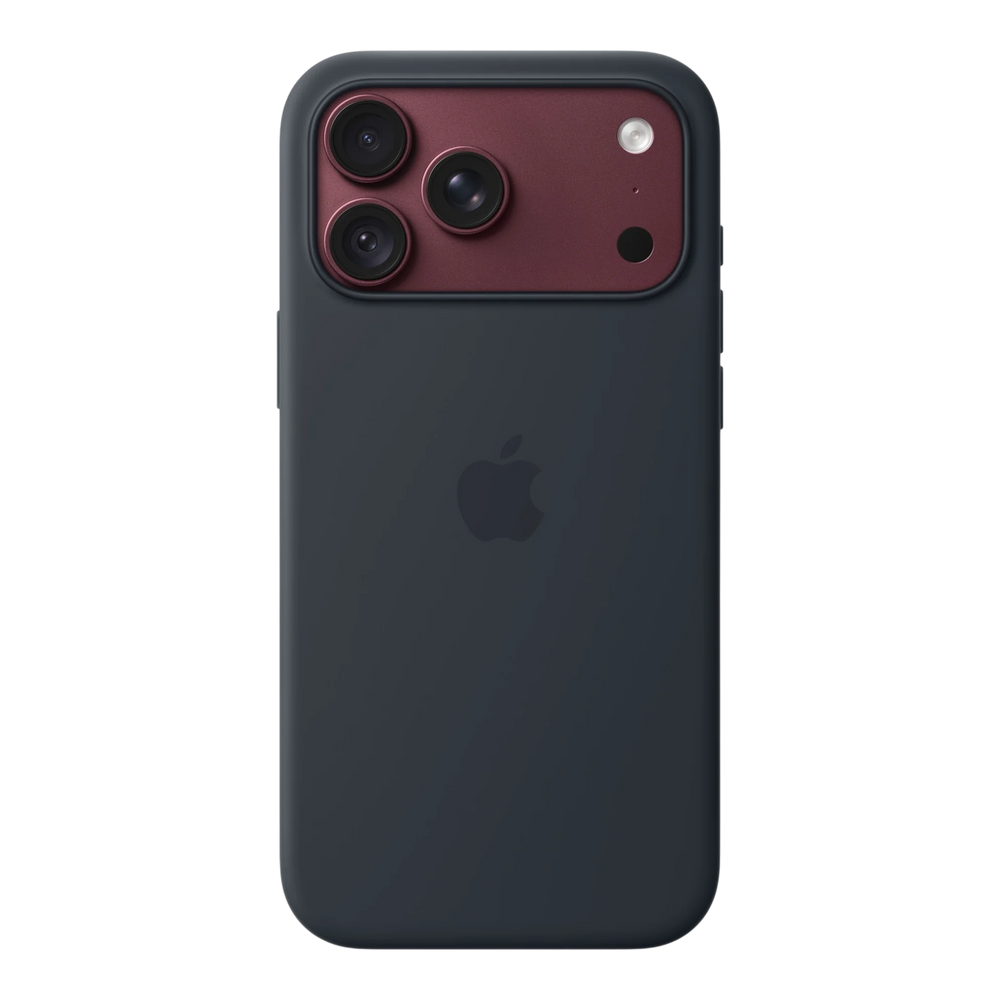 iPhone 18 Pro Max Silicone Case with MagSafe - Navy Blue, back view on iPhone 18 Pro Max in burgundy
