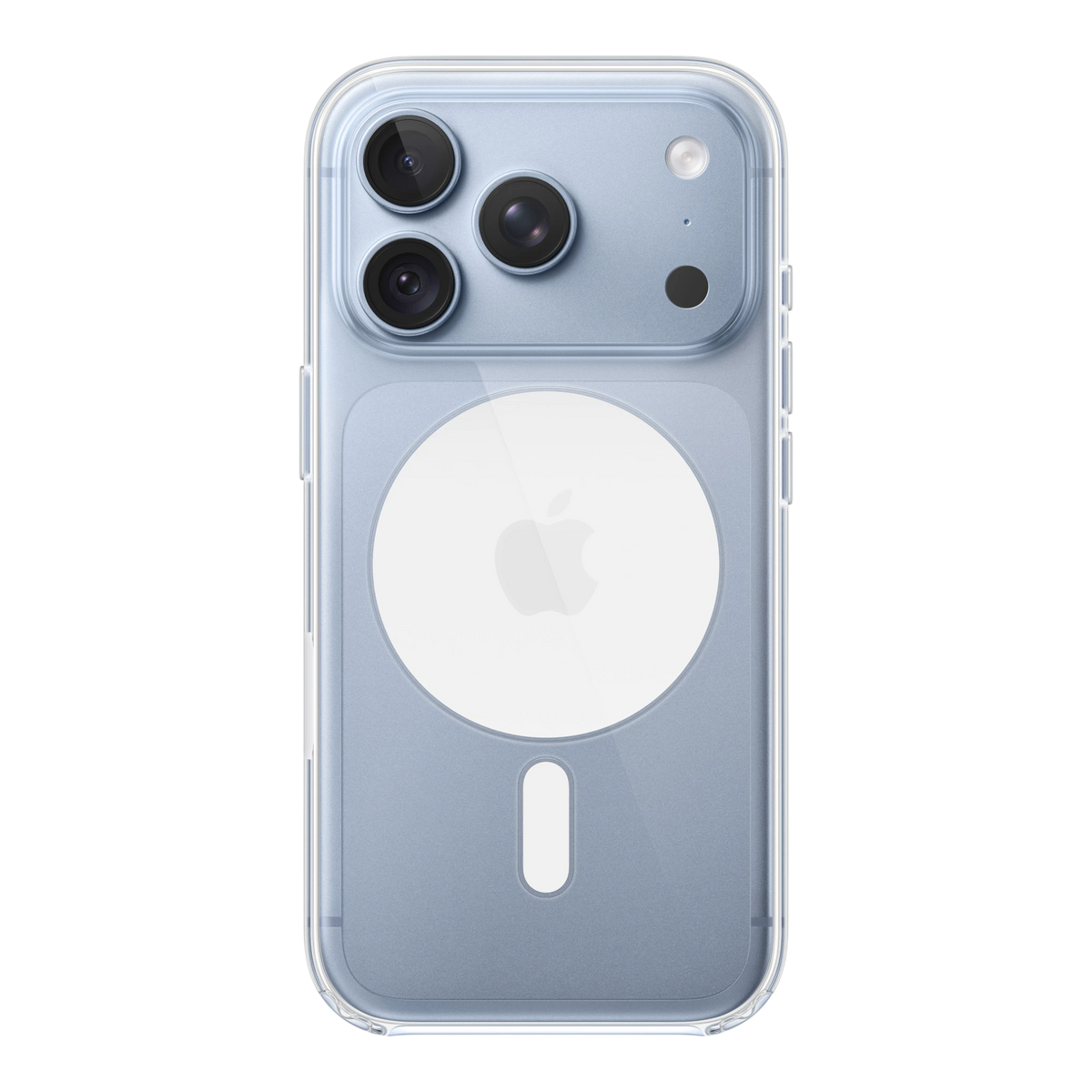 iPhone 18 Pro Clear Case with MagSafe, back view on iPhone 18 Pro in glacier