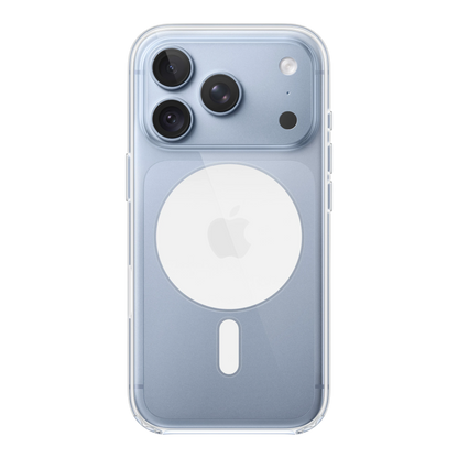 iPhone 18 Pro Clear Case with MagSafe, back view on iPhone 18 Pro in glacier