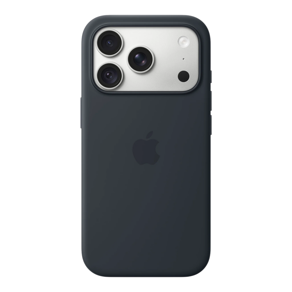 iPhone 18 Pro Silicone Case with MagSafe - Navy Blue, back view on iPhone 18 Pro in silver