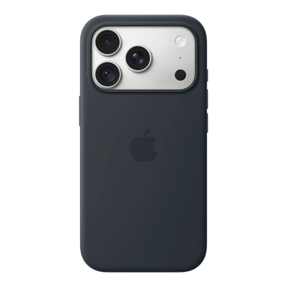 iPhone 18 Pro Silicone Case with MagSafe - Navy Blue, back view on iPhone 18 Pro in silver