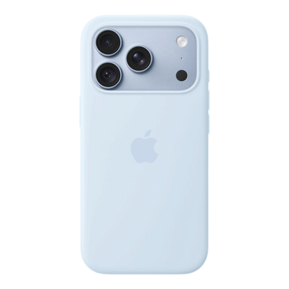 iPhone 18 Pro Silicone Case with MagSafe - Crisp Blue, back view on iPhone 18 Pro in glacier