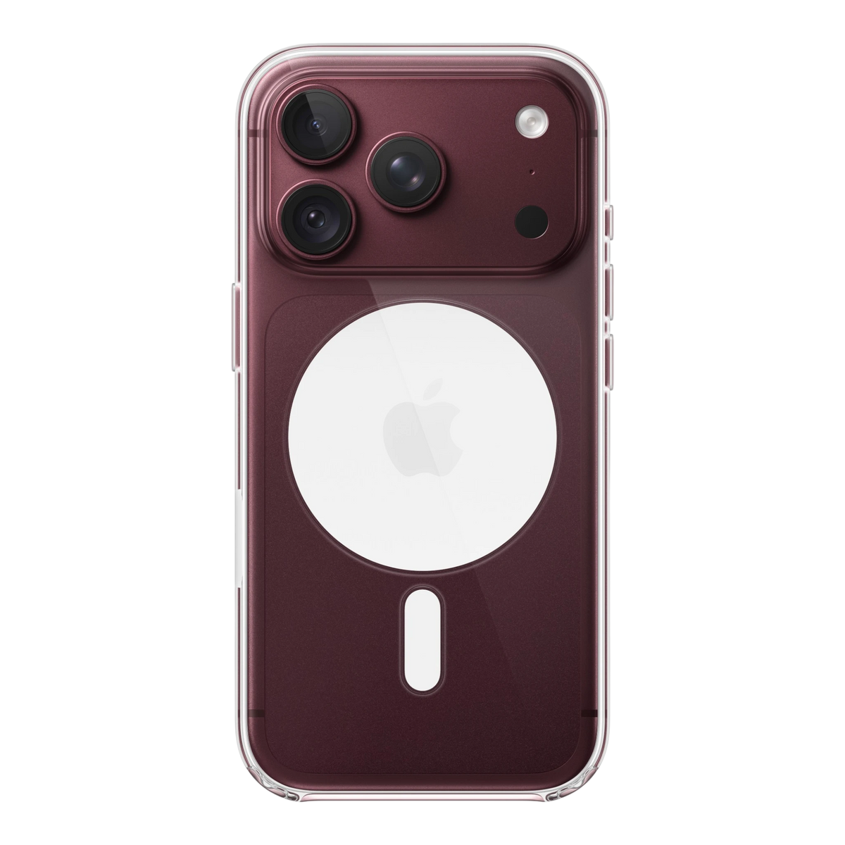 iPhone 18 Pro Clear Case with MagSafe, back view on iPhone 18 Pro in burgundy