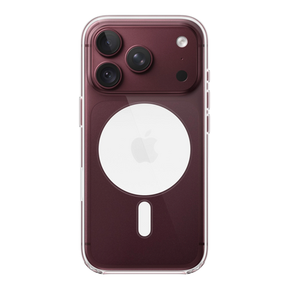 iPhone 18 Pro Clear Case with MagSafe, back view on iPhone 18 Pro in burgundy
