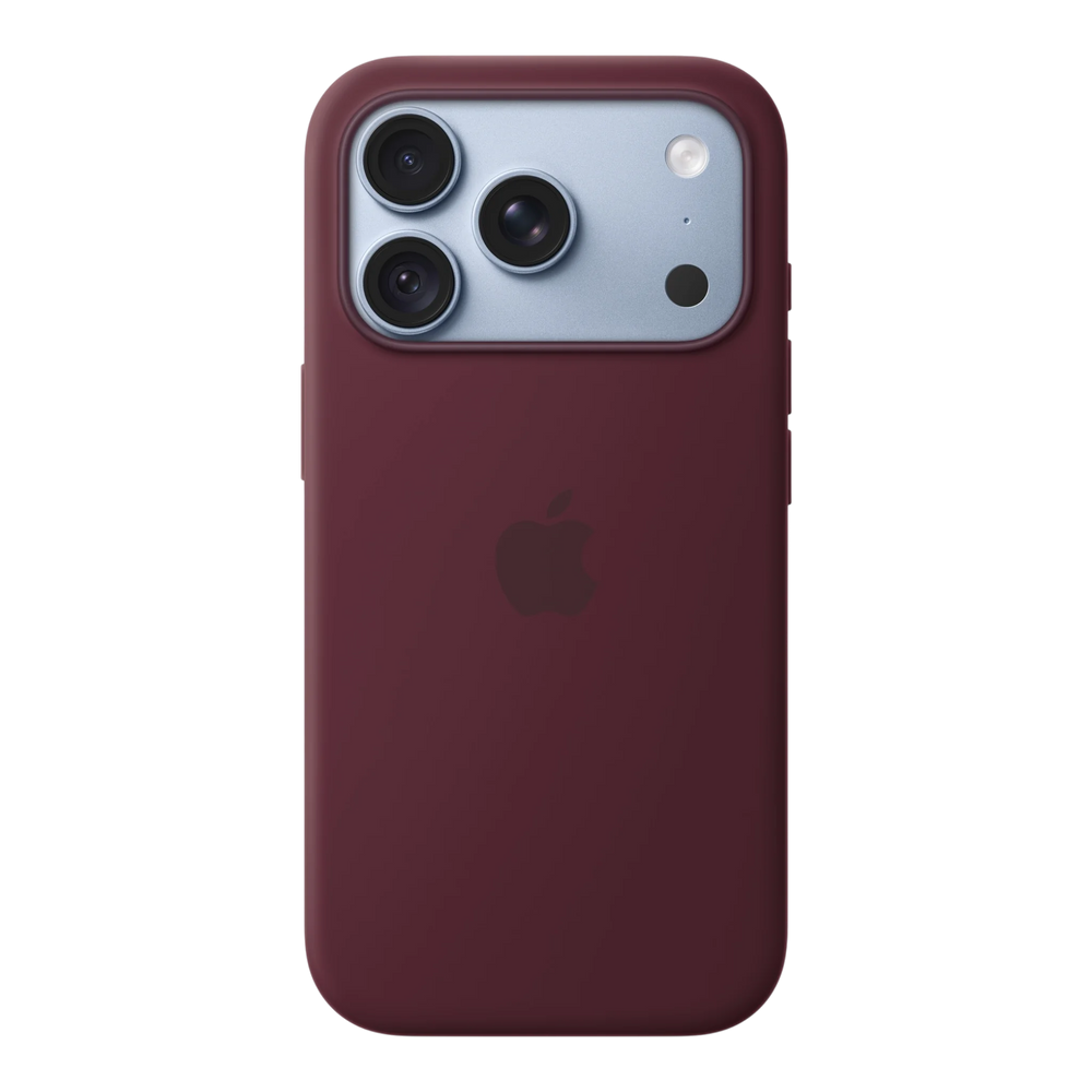 iPhone 18 Pro Silicone Case with MagSafe - Burgundy, back view on iPhone 18 Pro in glacier