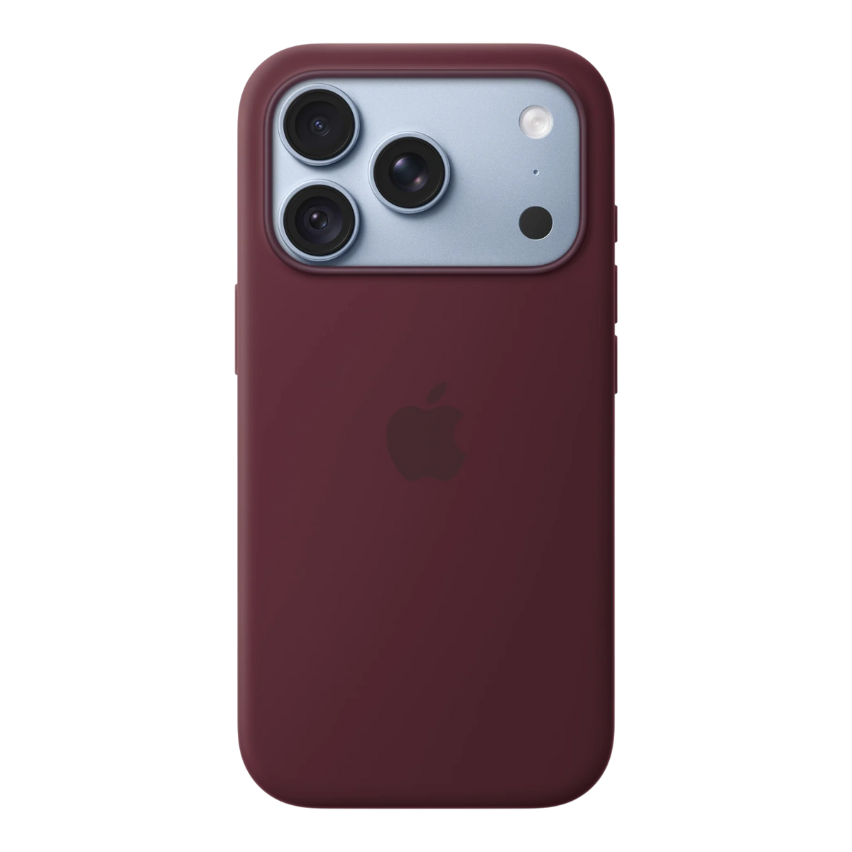 iPhone 18 Pro Silicone Case with MagSafe - Burgundy, back view on iPhone 18 Pro in glacier