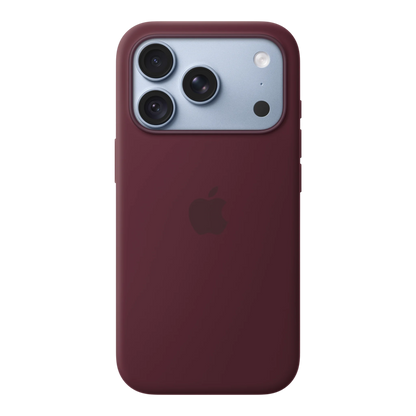 iPhone 18 Pro Silicone Case with MagSafe - Burgundy, back view on iPhone 18 Pro in glacier