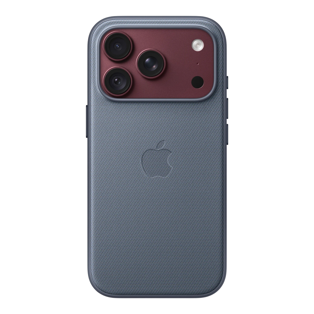 iPhone 18 Pro TechWoven Case with MagSafe – Chambray Blue, back view on iPhone 18 Pro in burgundy